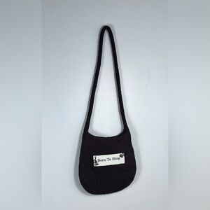 Wool “Born To Shop” Brown Crossbody Bag. Canvas Embroidered Patch & Charms